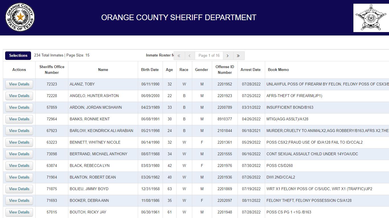 Inmate Roster - Orange County, Texas