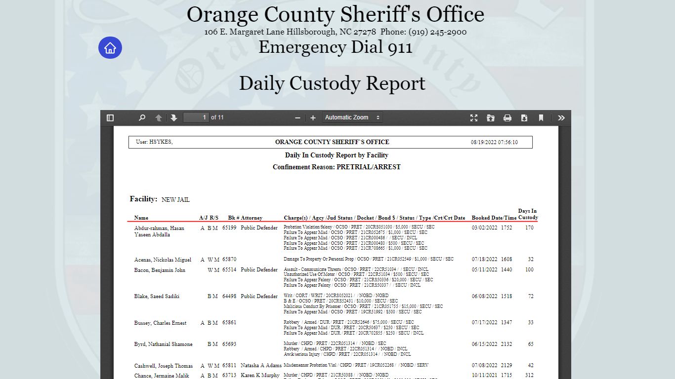 Daily Custody Report | ocso